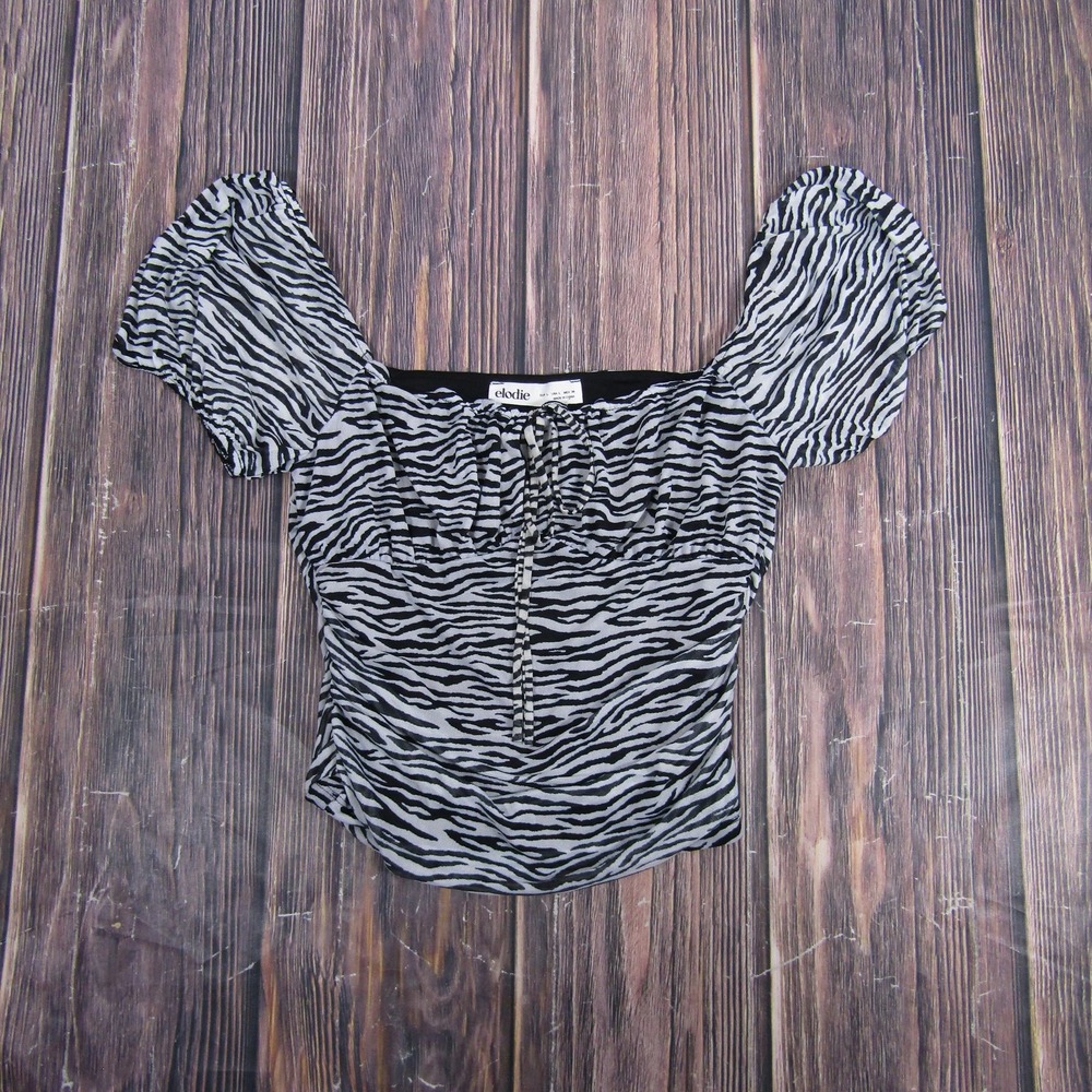elodie Shirt Womens Large Black White Zebra Print Ruched Puff Sleeve Lace Up